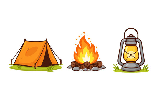 Camping Equipment Vector Illustration Set with Orange Tent, Burning Campfire with Logs and Stones, and Vintage Lantern for Outdoor Recreation, Travel, Hiking, and Adventure Activities.