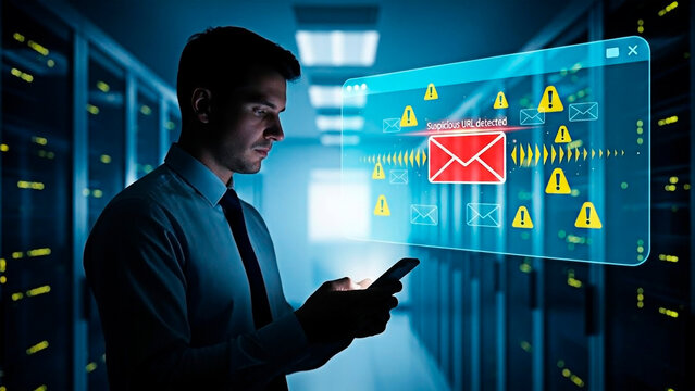 A Caucasian man in a blue shirt and black tie stands in a dimly lit server room, looking at his phone with a concerned expression as a digital warning notification floats in front of him.