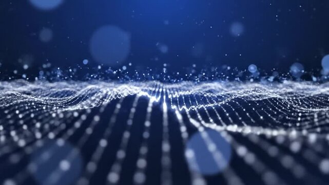 Abstract Digital Waveform of Glowing Particles in Blue Futuristic Network.