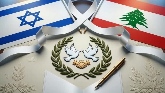 flags of israel and lebanon against symbols of peace with white doves and a handshake on the table lies an open book and a pen concept of a peace treaty and diplomatic end of a conflict