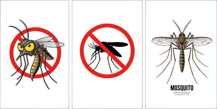 
Cartoon Evil Mosquito with No Sign Silhouette Prohibition and Detailed Realistic Mosquito Vector Illustration Set for Pest Control Design