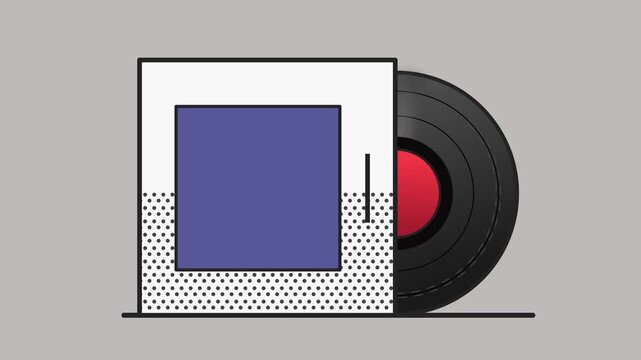 A vinyl record rolls out of a square sleeve and spins clockwise. Minimalist animation in a flat vector art style