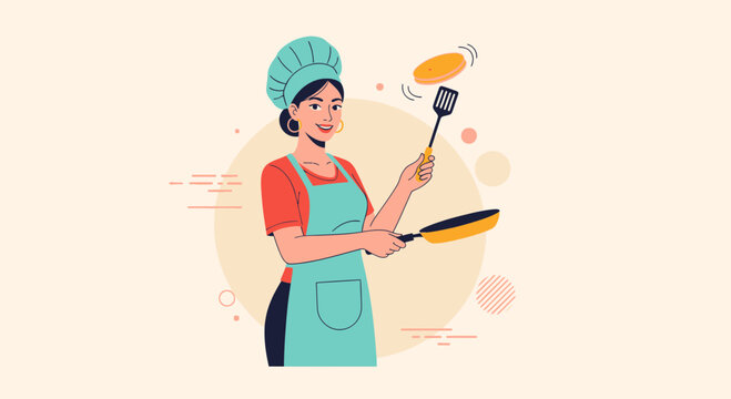 Woman chef flipping pancake in frying pan, cartoon style, cooking concept
