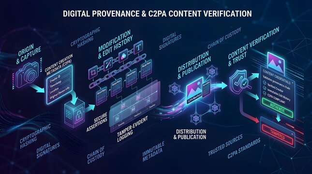 A digital infographic illustrating the process of digital provenance and C2PA content verification with various interconnected steps and stages