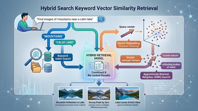 A detailed infographic illustrating the Hybrid Search Keyword Vector Similarity Retrieval process with a flowchart and various search results