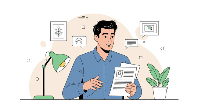 Man in blue shirt holding resume, video call icons, desk lamp, plant, office workspace