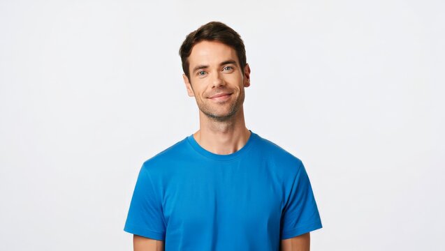A young man stands against a plain white background, wearing a blue t-shirt and displaying a slight smile while looking directly at the camera, possibly hinting at stomach pain or discomfort.