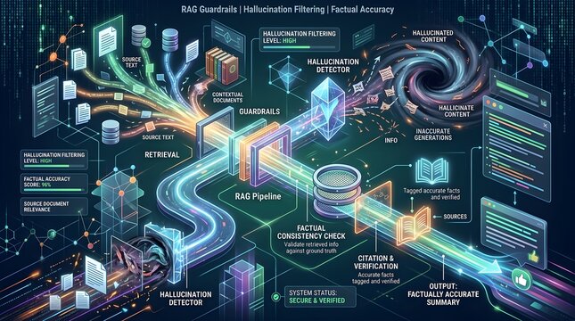 A futuristic infographic illustration depicting the process of hallucination filtering and factual accuracy in a Rag pipeline for artificial intelligence and machine learning applications