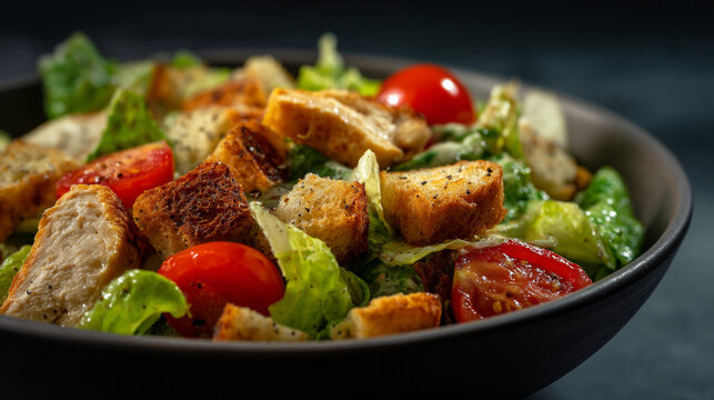 A delicious caesar salad in a black bowl