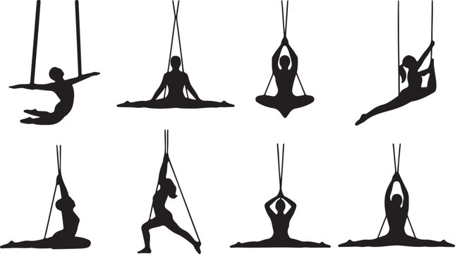 Set of female silhouettes practicing aerial yoga and anti-gravity fitness exercises on silk
hammocks