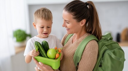 Fototapeta premium Nurturing Beginnings: A mother tenderly guides her young child, holding a lunchbox filled with fresh, healthy vegetables, symbolizing the start of their journey towards wholesome nourishment.