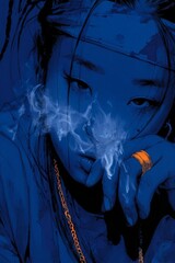 Obraz premium A Ukiyo-e style illustration with bold outlines and vibrant fills depicting artist charcoal dust on cheeks lost in thought adjusting silver ring on finger with thoughtful look, set against deep indigo