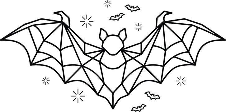 Geometric flying bat illustration with small bats and stars, modern polygonal Halloween line art isolated on white background.