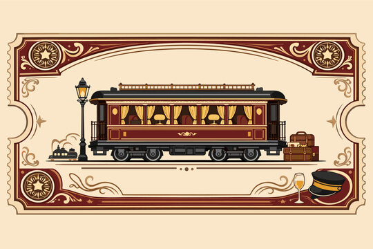 Vintage Train Ticket Template featuring Ornate Passenger Carriage, Luggage, Conductor Hat, and Decorative Borders. Retro Railway Travel Illustration for Invitations, Posters, and Graphic Design.