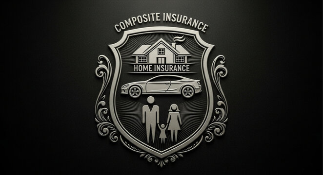 Composite Insurance Emblem with House Car and Family Icons.