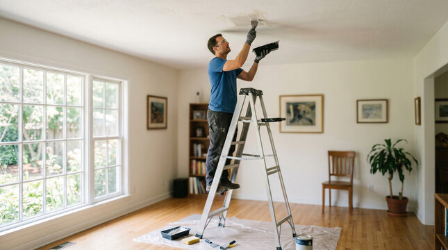 Man Painting Ceiling with Roller While Standing on Ladder in Room