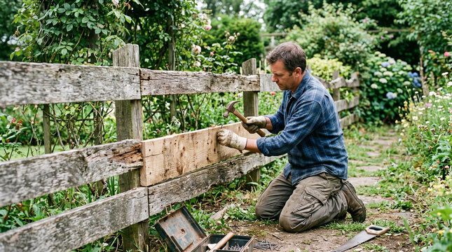 Man Repairing Wooden Fence in Lush Garden Setting Under Bright Sun