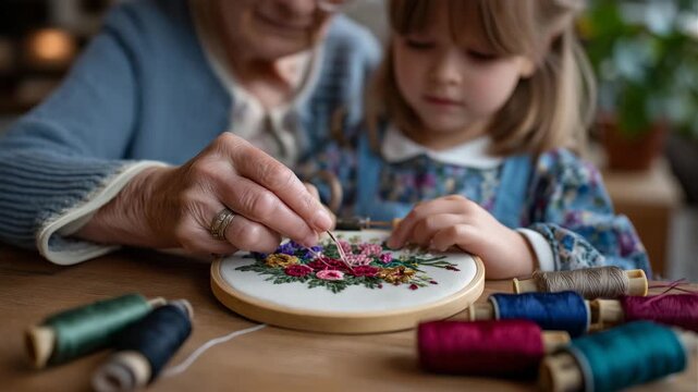 151Grandmother's hands teaching child traditional embroidery stitches on fabric hoop, colorful thread spools scattered on table, natural window light illuminating needlework, ideal fo