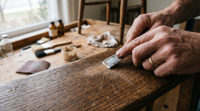 Hands Crafting Wood with Hand Tools on Rustic Table Surface