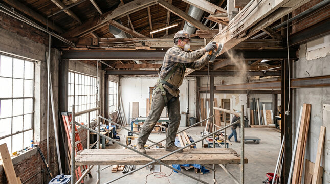 Worker Performing Renovation in Industrial Interior Space