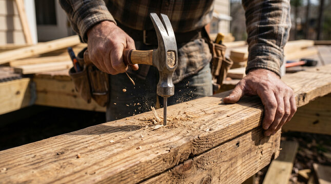Skilled Carpenter Hammering Nail Into Wooden Beam on Construction Site