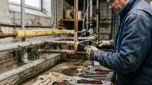 Skilled Plumber Working with Copper Pipes in Industrial Workshop