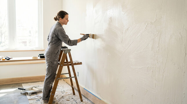 Woman Painting Wall with Paintbrush on Ladder in Bright Room