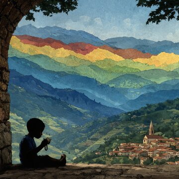 A geometric minimal illustration defined by sharp color blocks depicting child wooden prayer bead held in tiny palm listening to distant sound of church bells at twilight, set against old stone archwa
