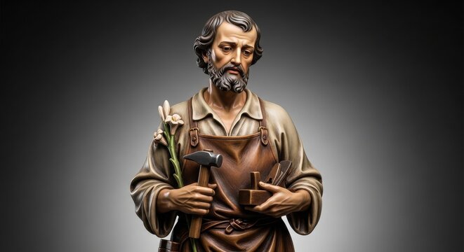 statue of saint joseph the carpenter with tools and flowers