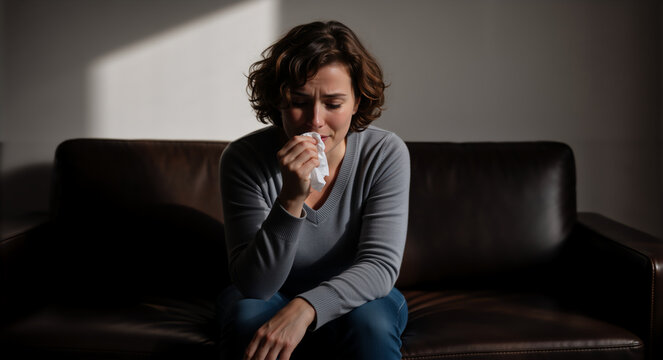 Sad and lonely woman crying on a sofa at home. Upset female suffering from depression or grief, holding a tissue