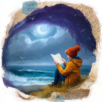 A vibrant pop-art illustration with bold saturated colors depicting man weathered knit beanie looking out over stormy coastline reading handwritten letter by light of blue moon, set against pale cyan 