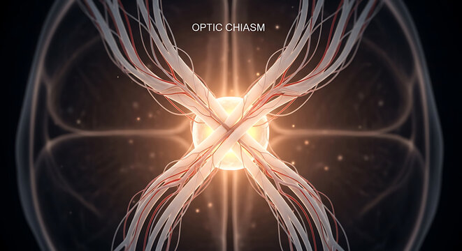 Vibrant glowing optic chiasm illustration creates mesmerizing symmetrical pattern with intersecting lines and radiant light on dark background