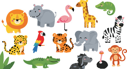 Naklejka premium Cute safari animals collection including lion, elephant, giraffe, zebra, tiger, crocodile and monkey, colorful cartoon wildlife vector set isolated on light background