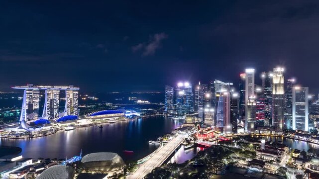 Time lapse of Marina Bay and the Singapore skyline at night.