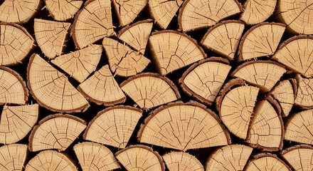 Fototapeta premium A pile of neatly stacked wood logs for firewood or construction