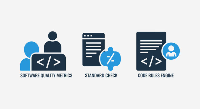 Set of software development and quality assurance icons including quality metrics standard checks and code rules engine with software development standard programming developer assurance