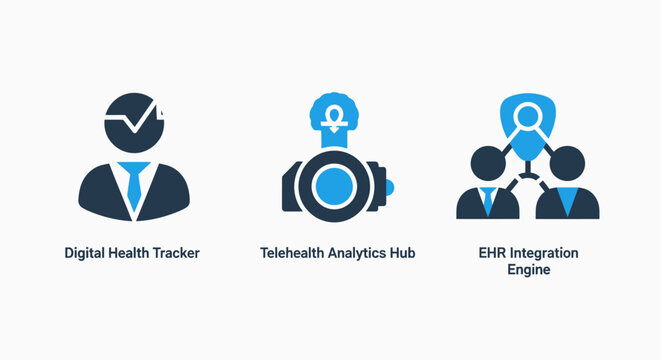 Global health tracker telehealth analytics phr integration engine icons with digital health healthcare integration medical technology e health patient care data analysis remote health e-health