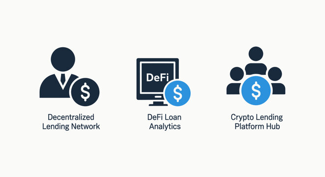 Decentralized finance crypto lending network and de fi loan analytics icons with peer to peer smart contract blockchain analytics platform investment financial technology currency cryptocurren