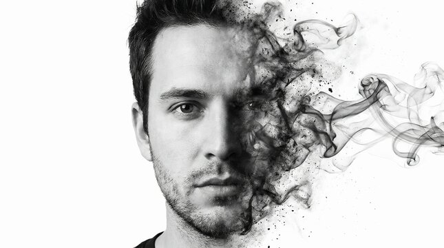 World No Tobacco Day Concept &ndash; Man Face Dissolving into Smoke Symbolizing Smoking Damage and Health Destruction