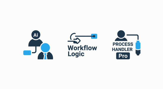 Professional workflow logic and automated process management icons featuring AI human integration digital logic mapping specialized process handler tools for business efficiency workflow