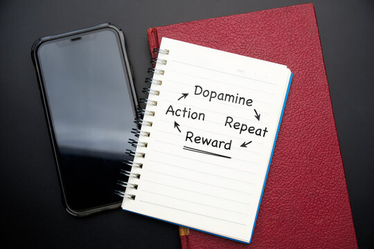 Dopamine reward loop concept with smartphone and habit cycle notes