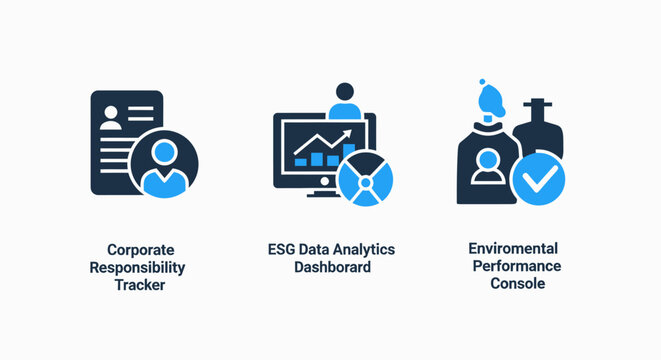 Esg and corporate responsibility data analytics icons set for environmental performance tracking with environmental governance corporate responsibility analytics dashboard performance business