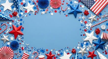 Fototapeta premium Independence day background with patriotic decorations like stars, confetti, and paper fans on a blue surface