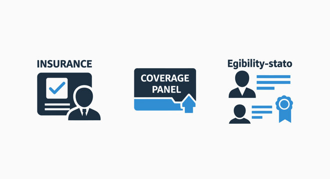 Insurance policy and coverage eligibility status icons with insurance coverage eligibility protection document agreement business verified certification information contract financial