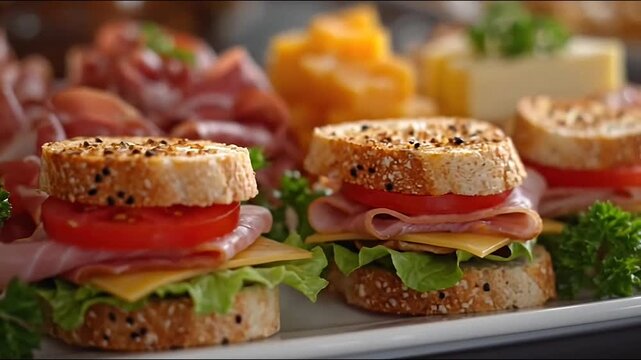 Gourmet appetizers including chicken rolls and ham sandwich on platter