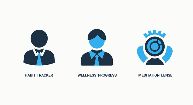 People and personal wellness tracking icons for digital health habit monitoring with wellness meditation tracking personal progress interface lifestyle mindfulness exercise achievement