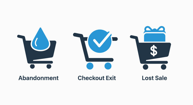 E-commerce shopping cart abandonment and checkout process icons with shopping ecommerce checkout abandonment business marketing purchase conversion transaction customer behavior analytics