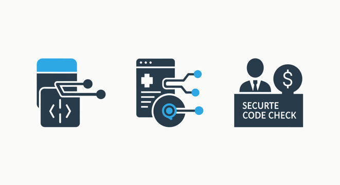 Set of three cybersecurity icons representing data processing and secure code audit with cybersecurity security programming encryption technology software development protection business