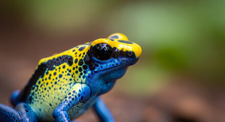 Obraz premium A close-up, macro shot of a vibrant poison dart frog with bright yellow and blue markings, black eyes, and a textured