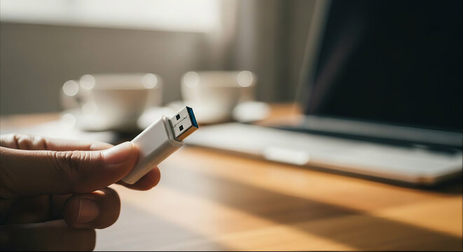 Hand holding USB flash drive with laptop computer on wooden desk background